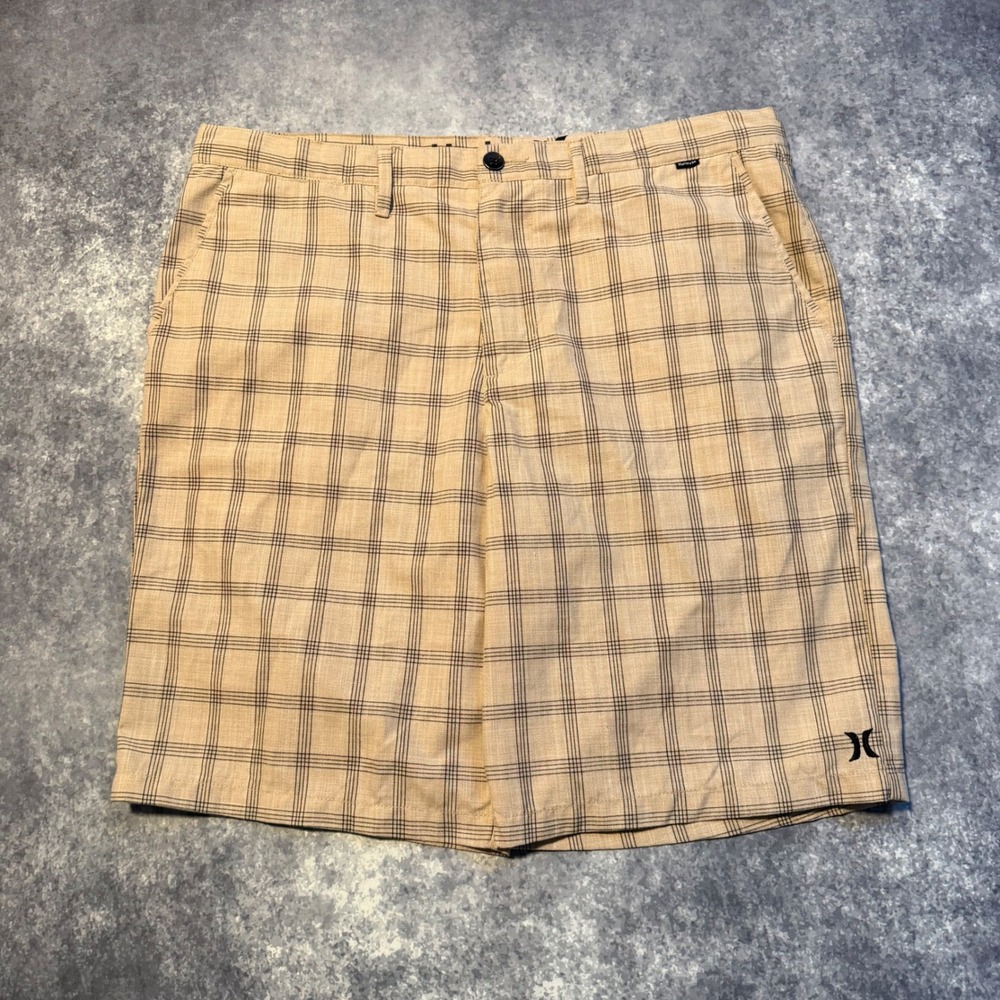 Y2K Hurley Mens Plaid Chino Shorts Tan Brown Size 36